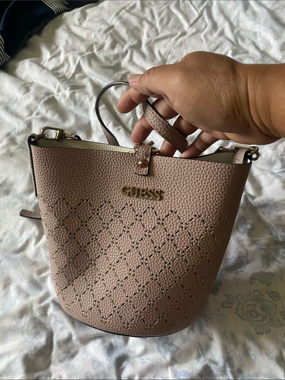 GUESS Blush Pink Perforated Mini Bucket Bag with Gold Hardware